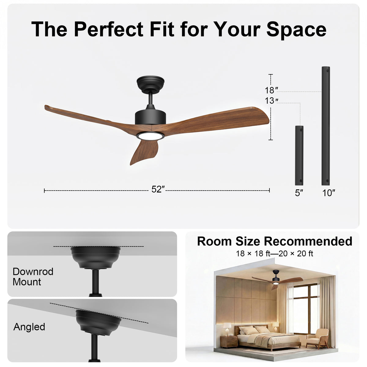52-Inch Downrod Mount 3-Blade Ceiling Fan with Light and Remote Control