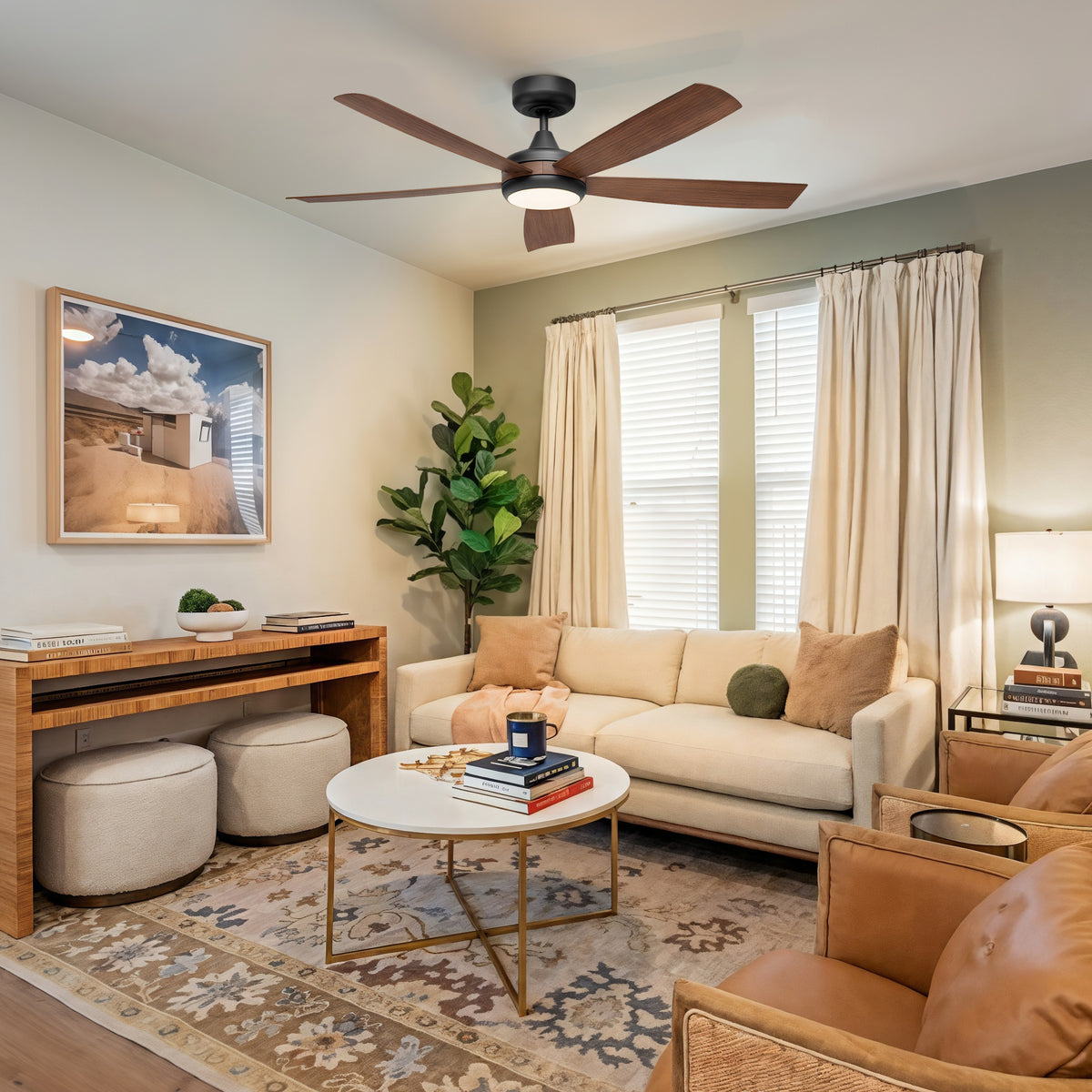 52-Inch Flush Mount 5-Blade Ceiling Fan with Light and Smart Control
