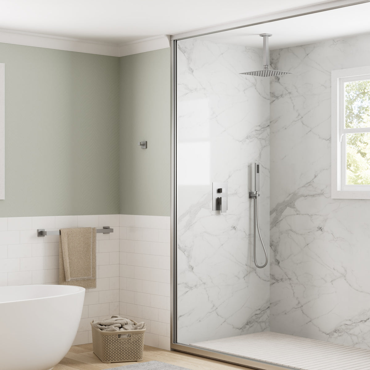 Ceiling-Mounted Rain Shower System with Adjustable Handheld Spray