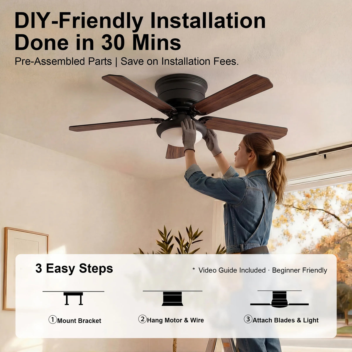 52-Inch Flush Mount 5-Blade Ceiling Fan with Light and Remote Control