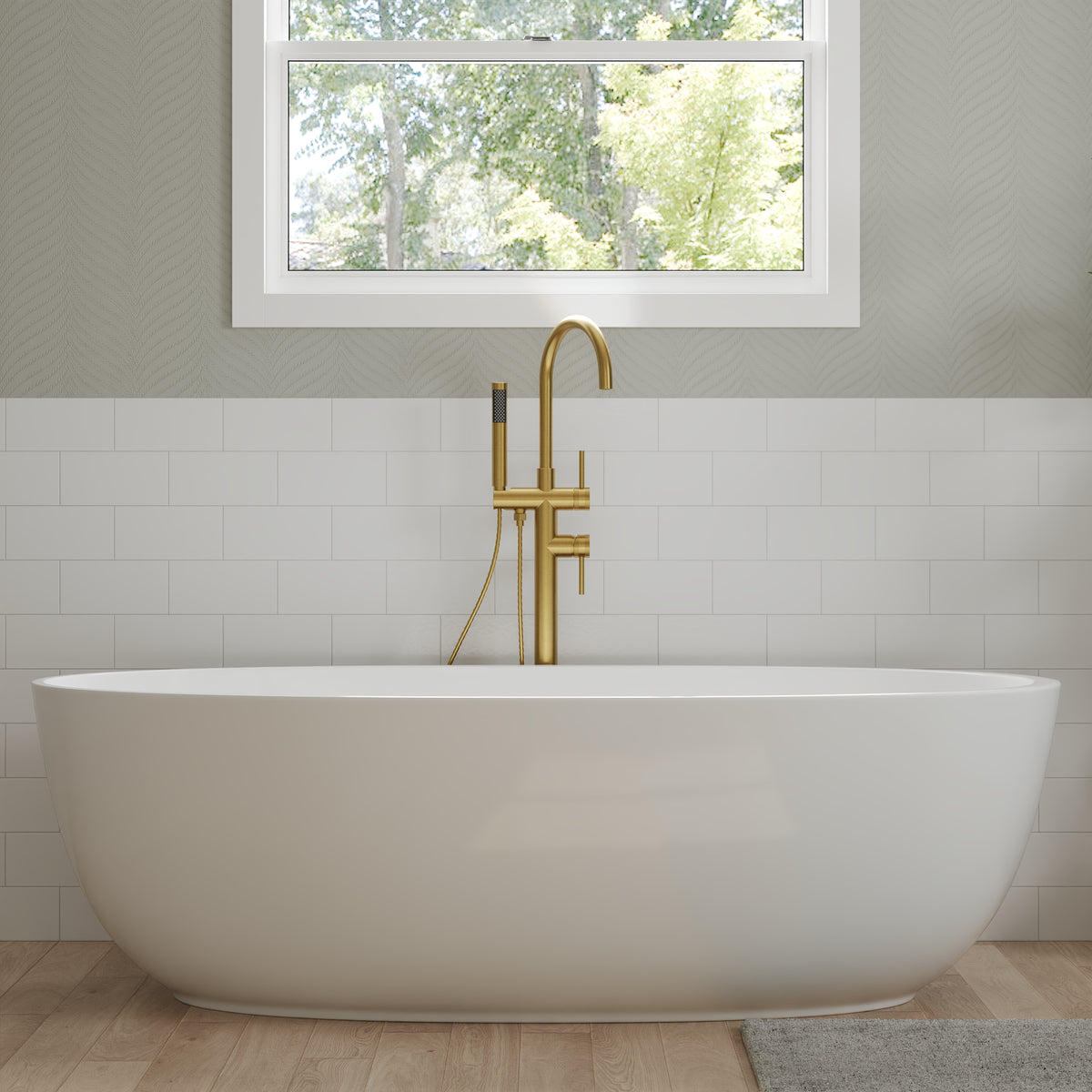 High-Arc Floor-Mounted Freestanding Bathtub Faucet with Hand Shower and Swivel Spout