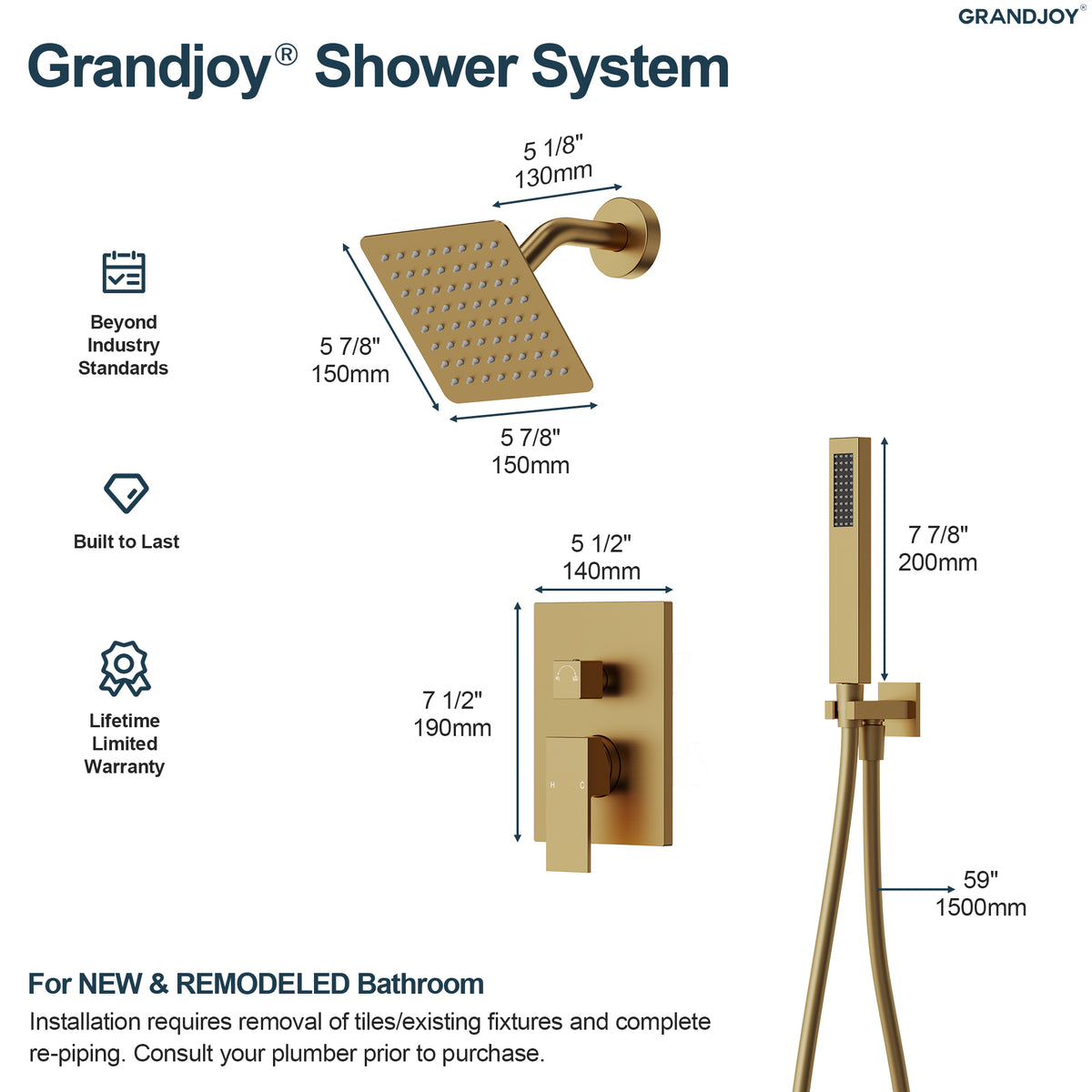 Square Wall-Mounted Shower System with Adjustable Handheld Spray
