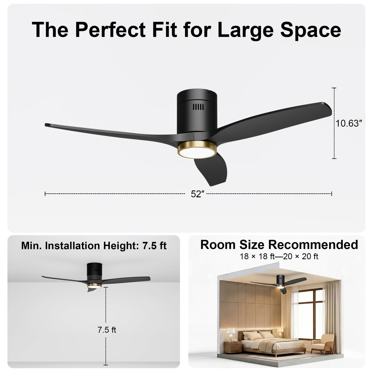 52-Inch Flush-Mount 3-Blade Ceiling Fan with Light, Wall Control and Remote