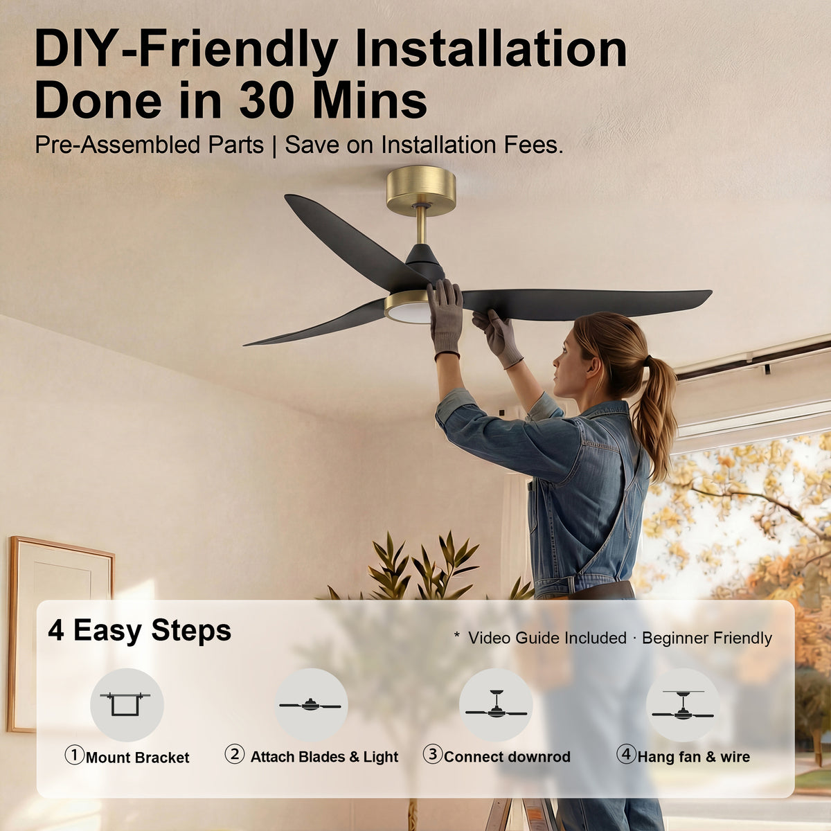 54-Inch Downrod Mount 3-Blade Ceiling Fan with Light and Remote Control