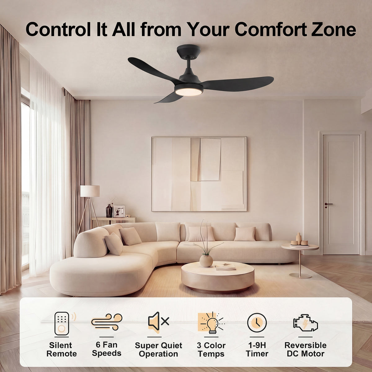 42-Inch Downrod Mount 3-Blade Ceiling Fan with Light and Remote Control