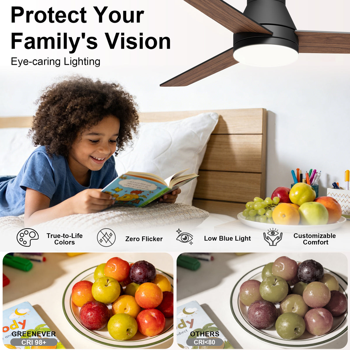 52-Inch Flush Mount 3-Blade Ceiling Fan with Light and Remote Control