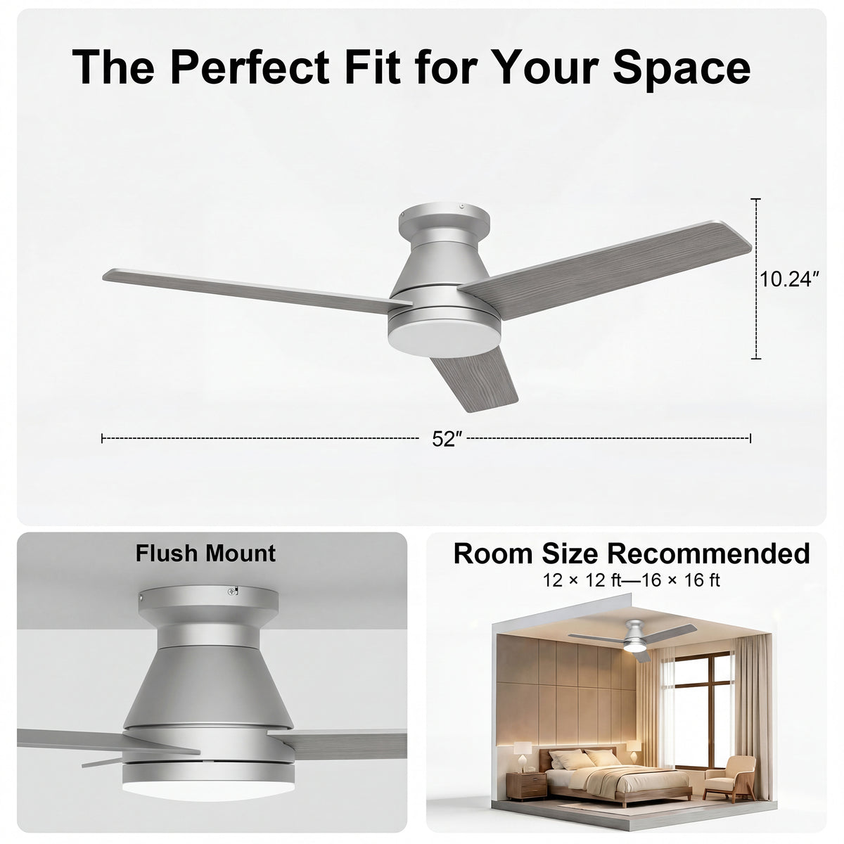 52-Inch Flush Mount 3-Blade Ceiling Fan with Light and Remote Control