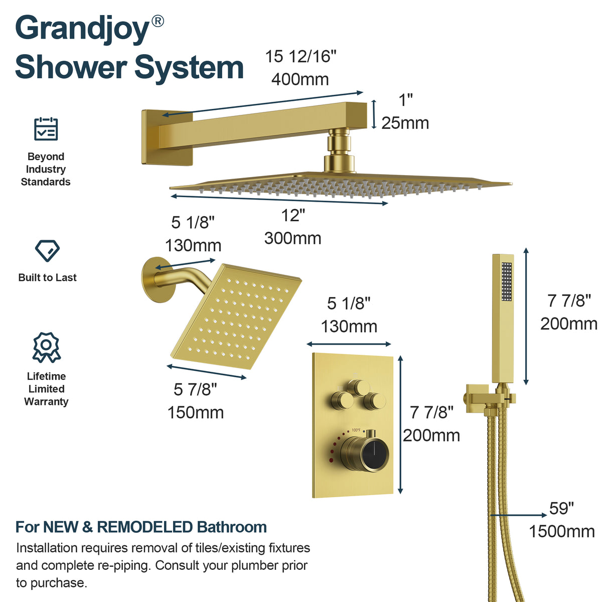 Wall-Mounted Thermostatic Dual Shower System with Handheld Spray
