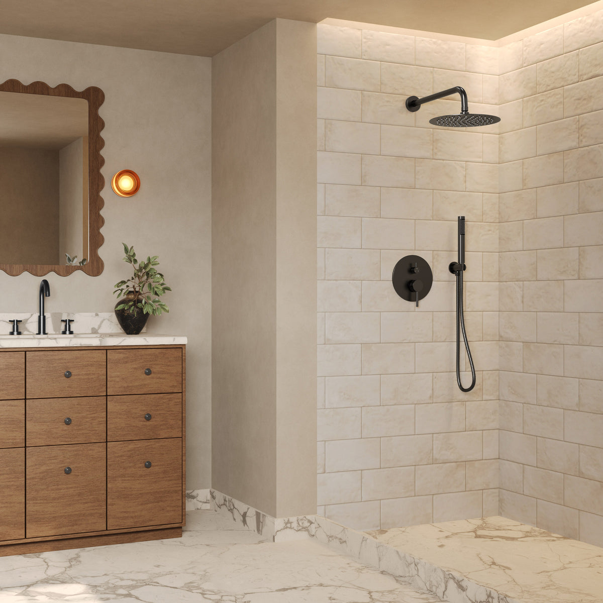 Round Wall-Mounted Shower System with Rainfall Head and Handheld