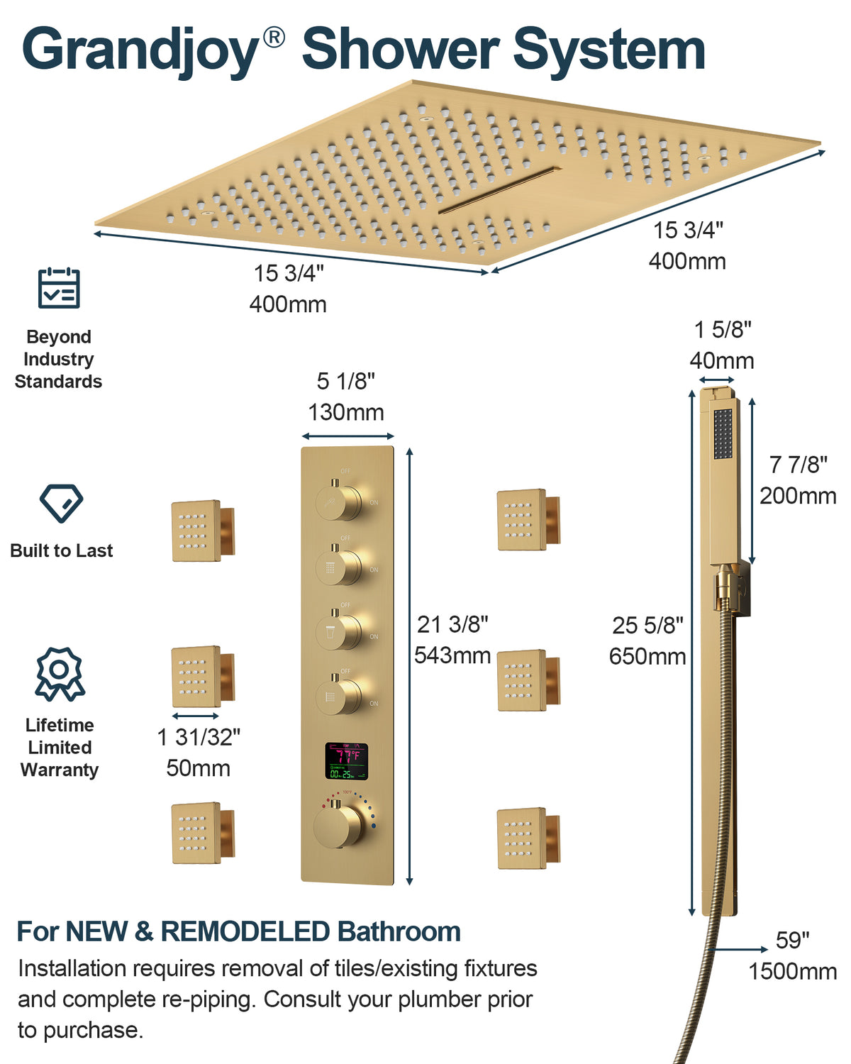 LED Ceiling-Mounted Thermostatic Shower System with Body Jets