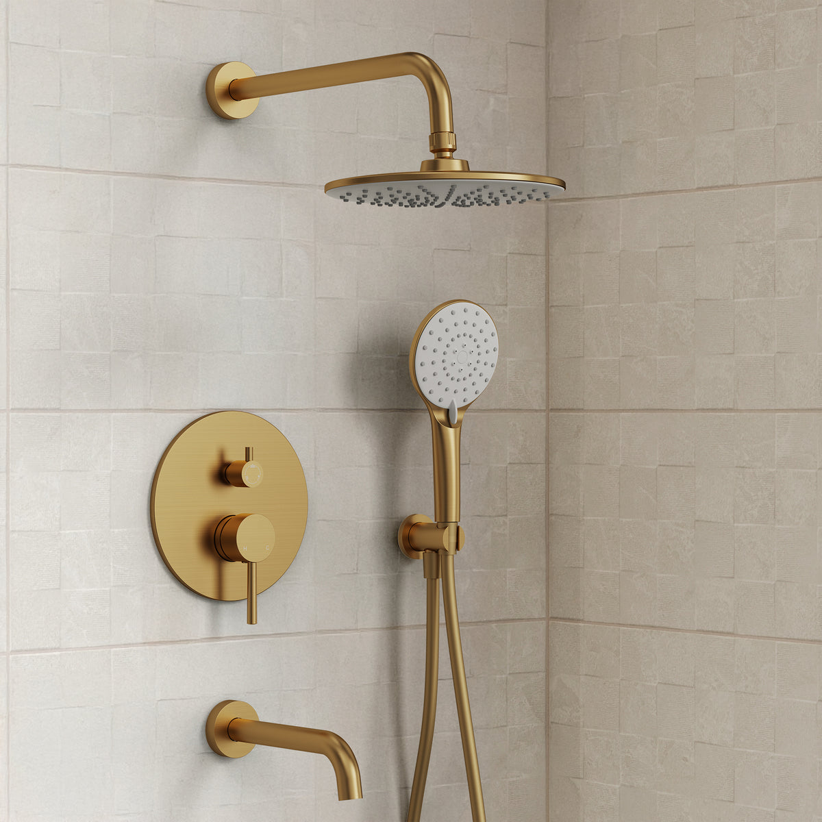 Round Wall-Mounted Shower System with Handheld and Tub Spout