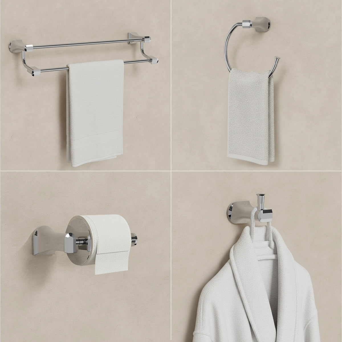 Four-Piece Wall-Mounted Bathroom Hardware Set with Dual Towel Rack