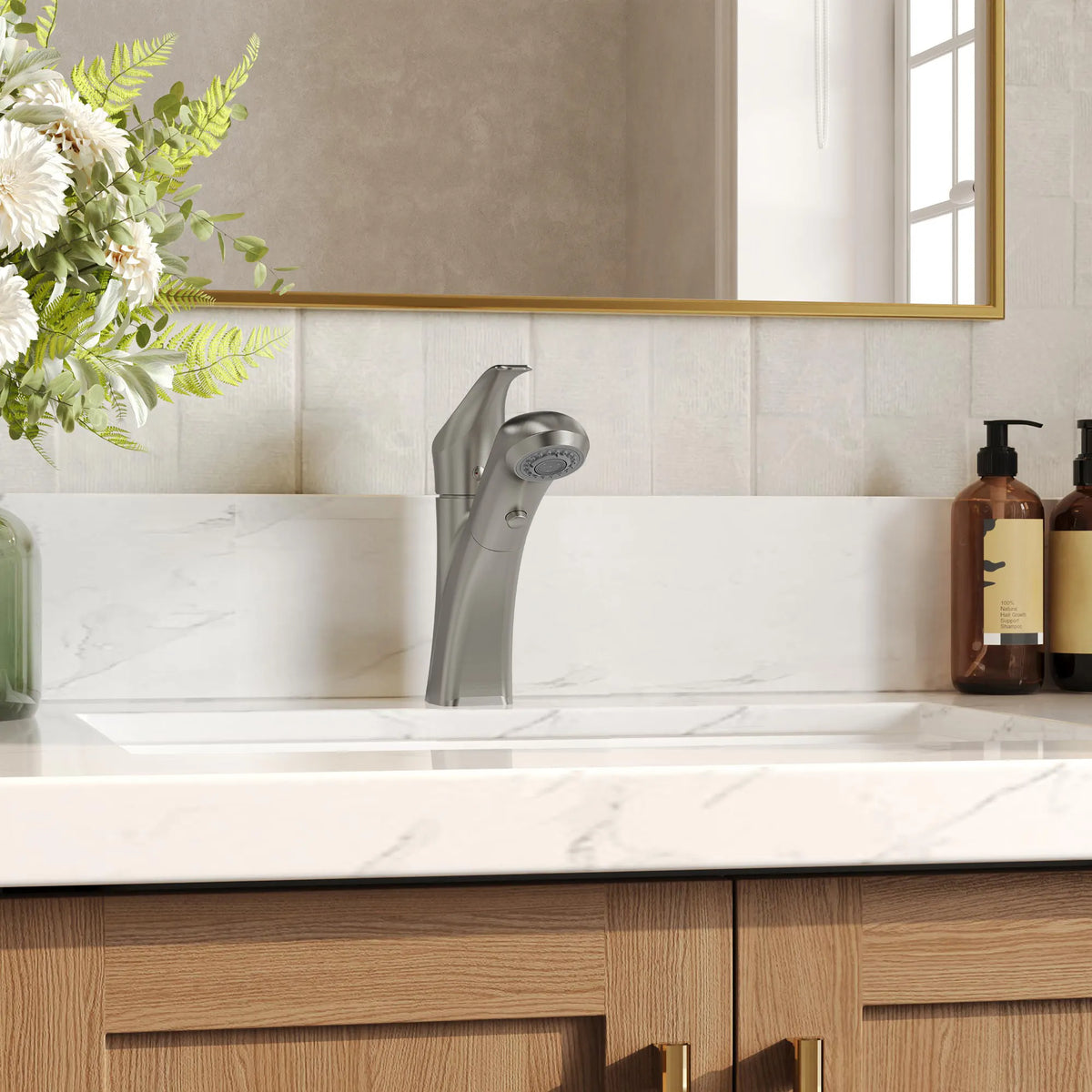 Single-Handle Pull-Out Bathroom Sink Faucet With Dual Spray Modes And Pop-Up Drain