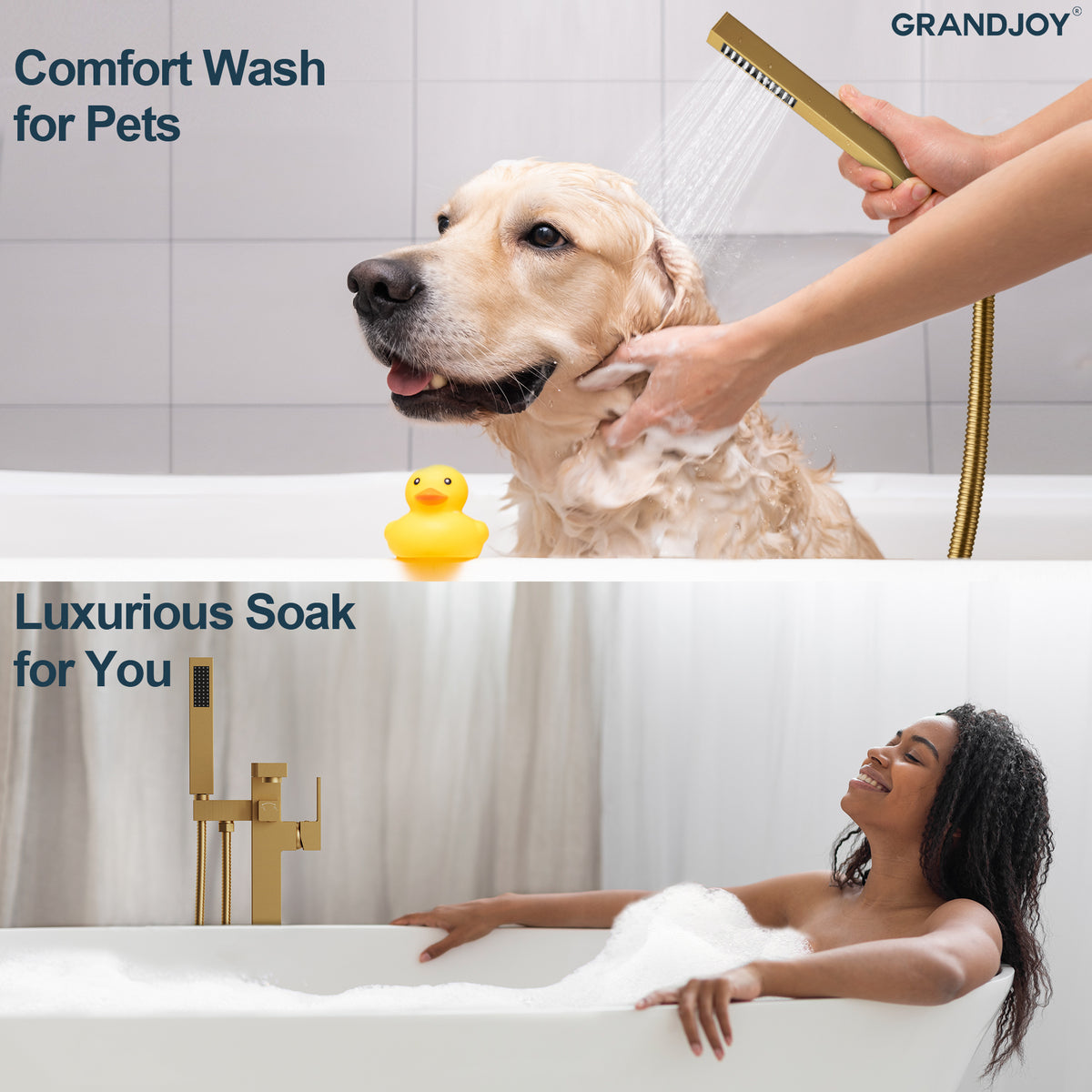 Freestanding Floor-Mounted Bathtub Faucet with Hand Shower and Swivel Spout