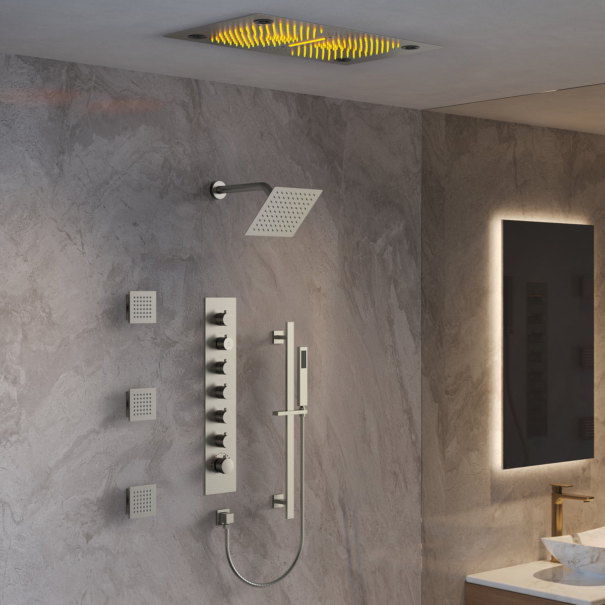 LED Bluetooth Dual-Head Ceiling-Mounted Shower System with Body Jets
