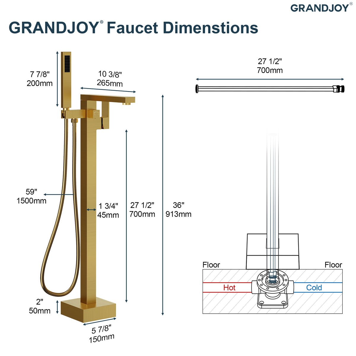 Freestanding Floor-Mounted Bathtub Faucet with Hand Shower and Swivel Spout