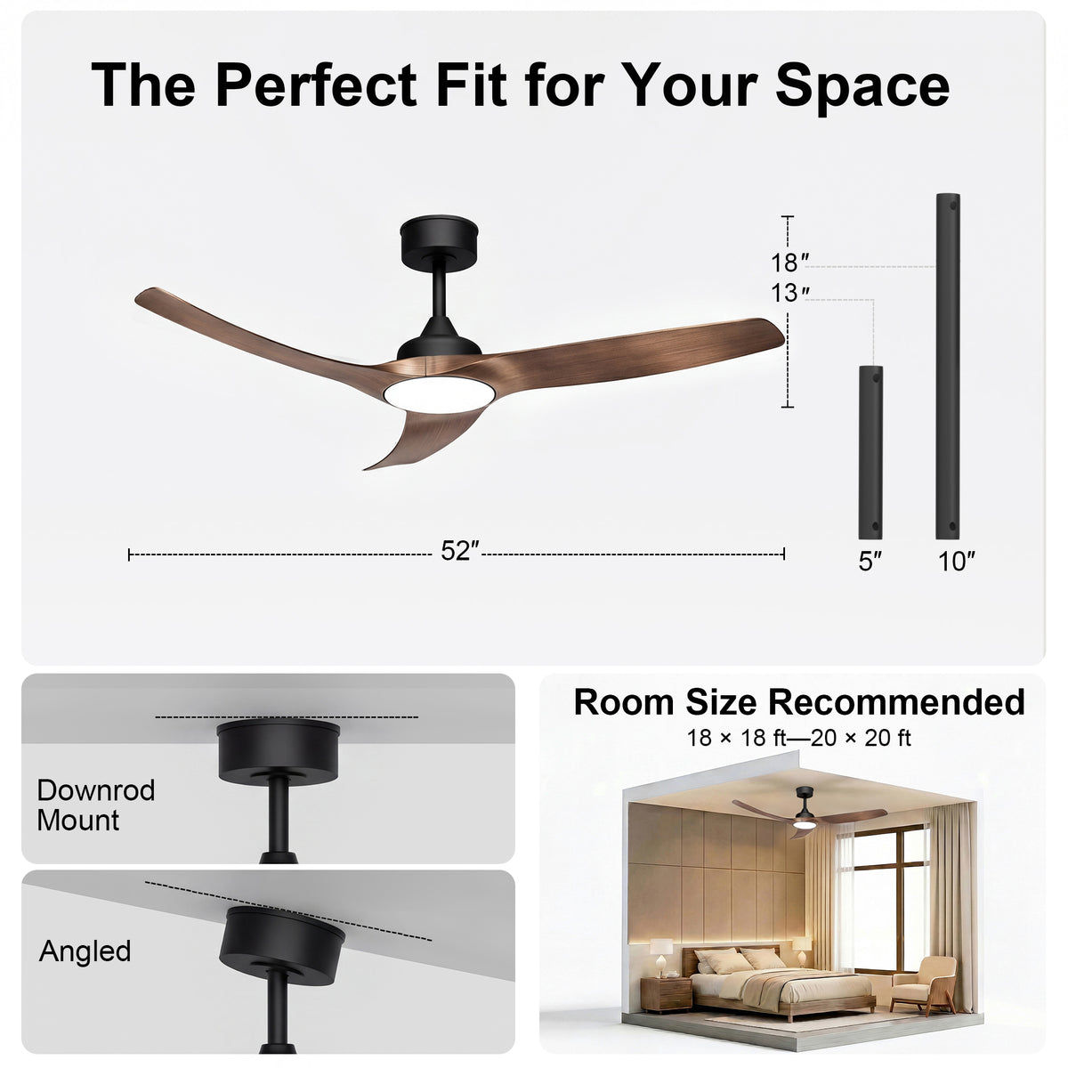 52-Inch Downrod Mount 3-Blade Indoor Outdoor Ceiling Fan with Light and Remote