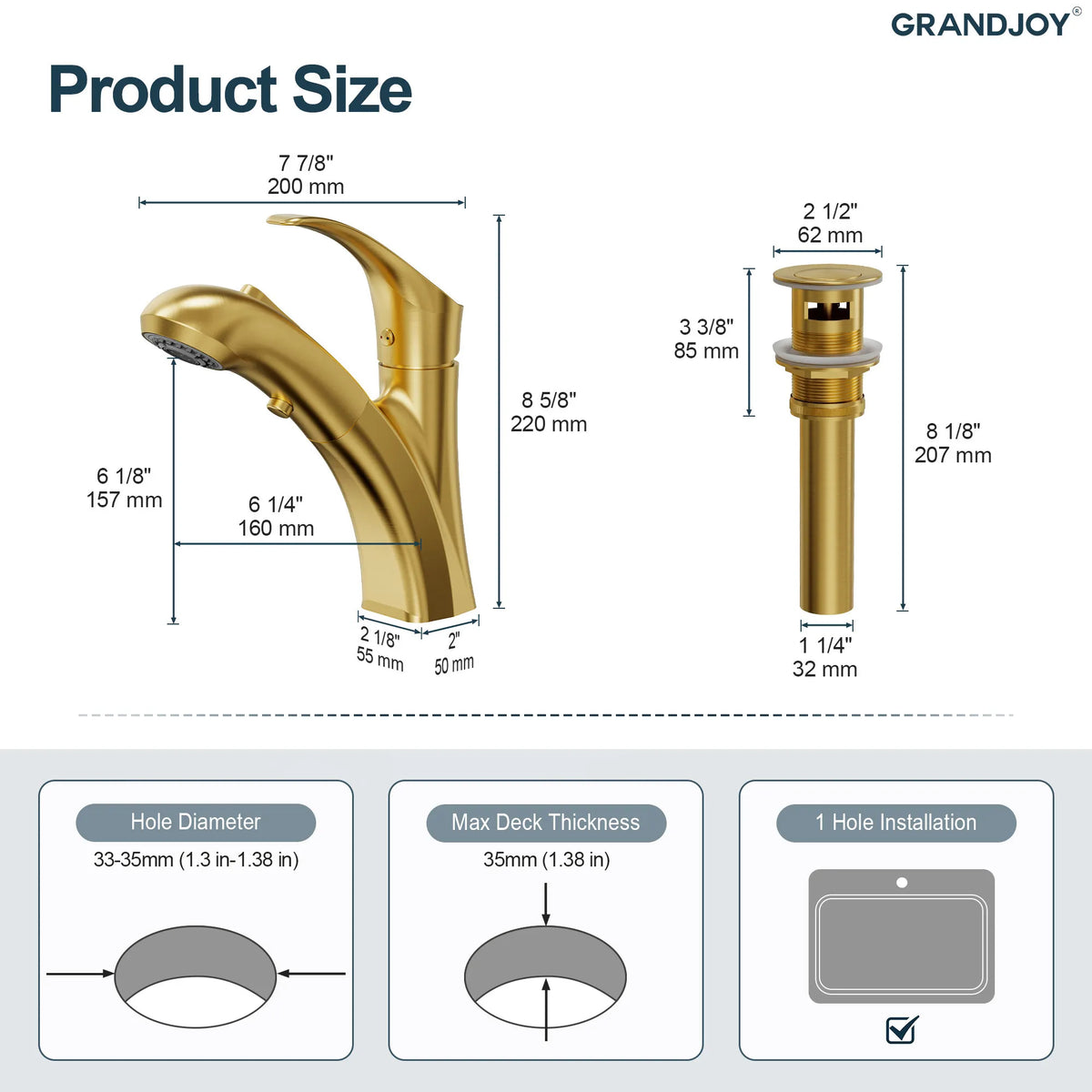 Single-Handle Pull-Out Bathroom Sink Faucet With Dual Spray Modes And Pop-Up Drain