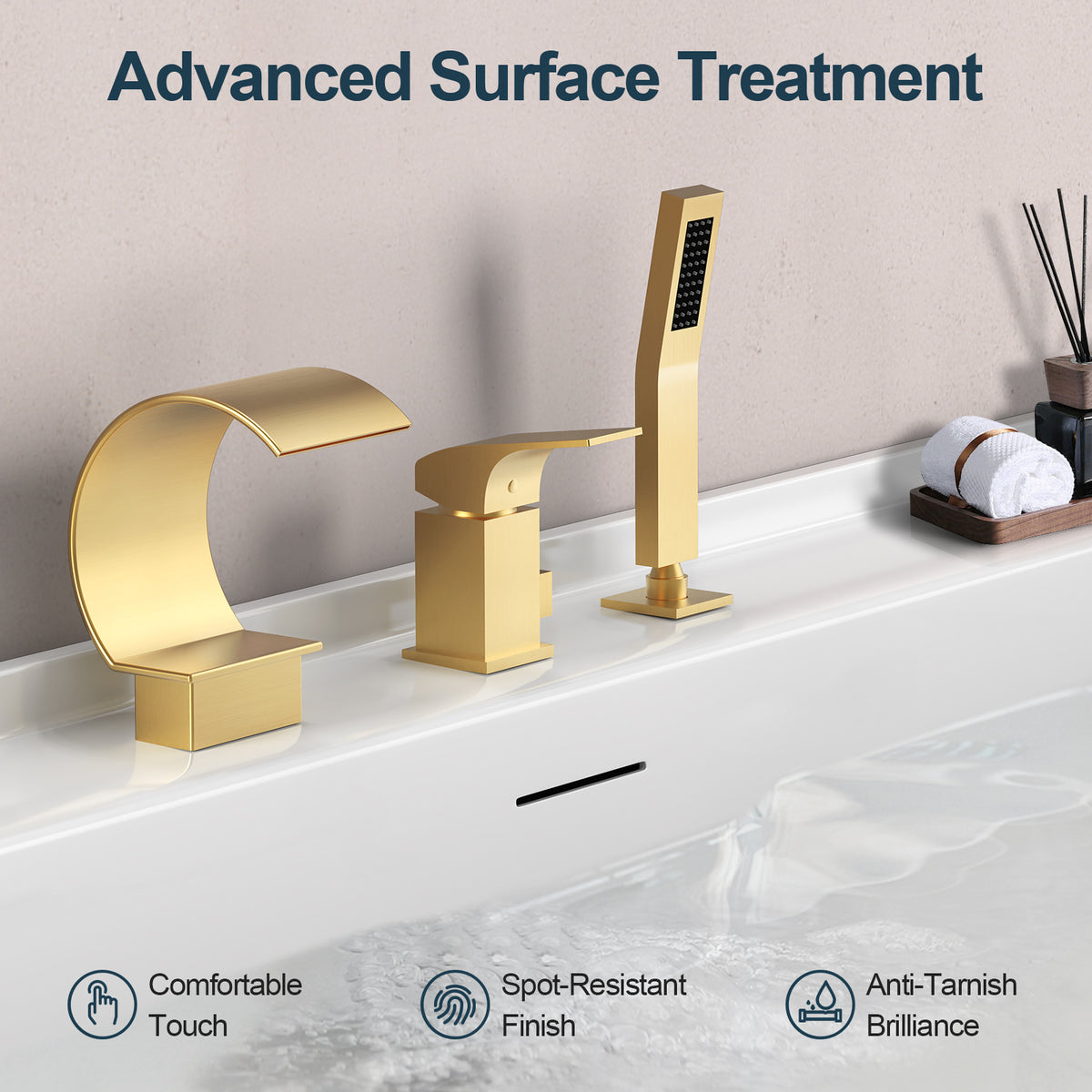 Deck-Mounted Waterfall Bathtub Faucet with Single Handle and Hand Shower