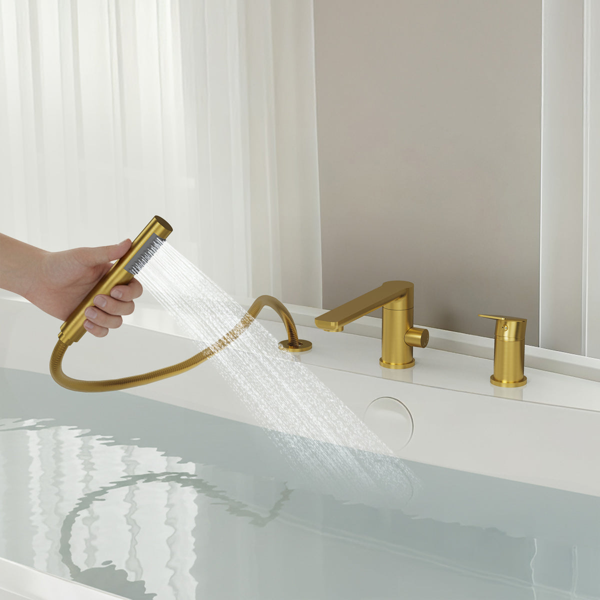 Low-Arc Deck-Mounted Bathtub Faucet with Hand Shower and Swivel Spout