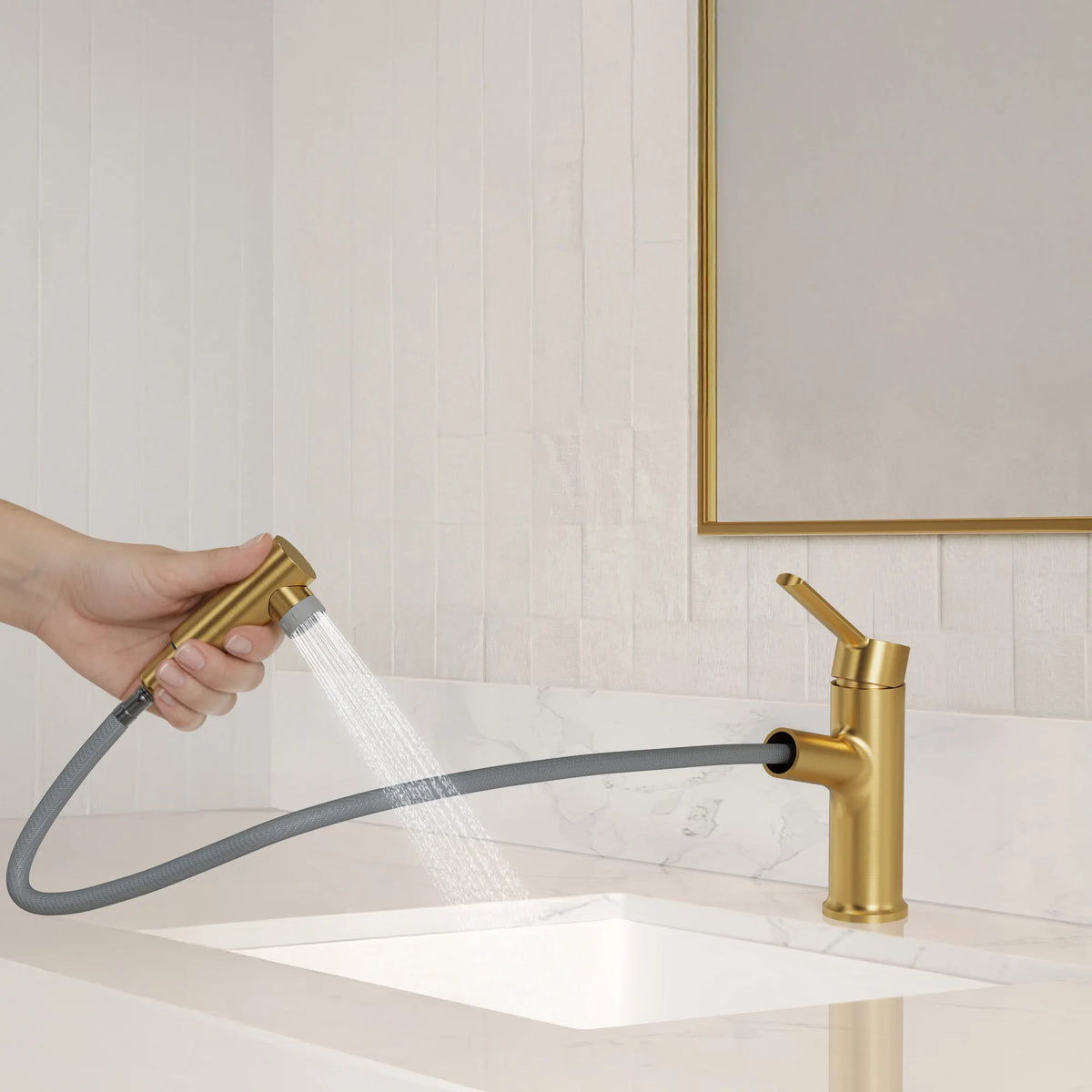 Single-Handle Pull-Out Bathroom Sink Faucet With Dual Spray Modes And Pop-Up Drain