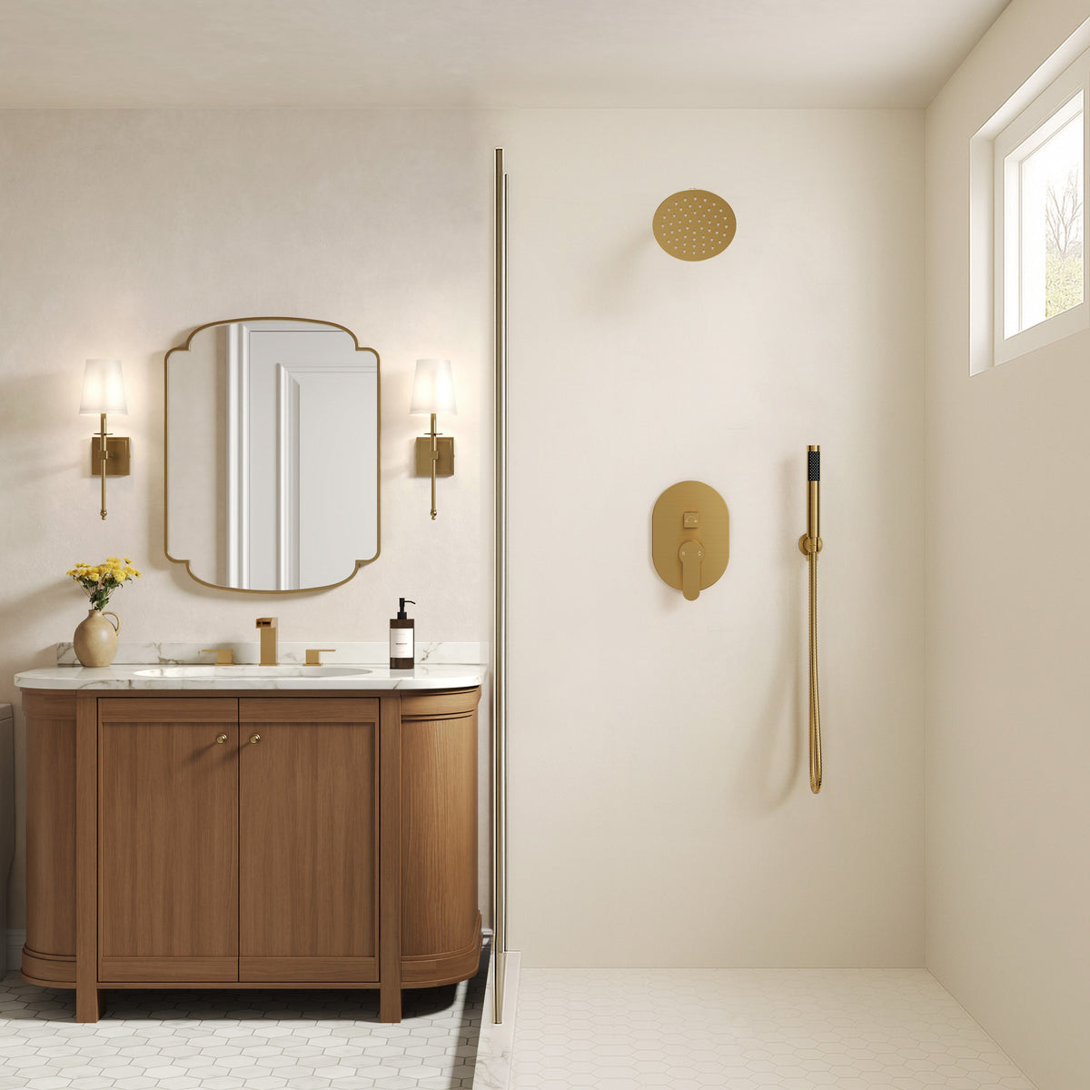 Round Wall-Mounted Rain Shower System with Handheld Spray