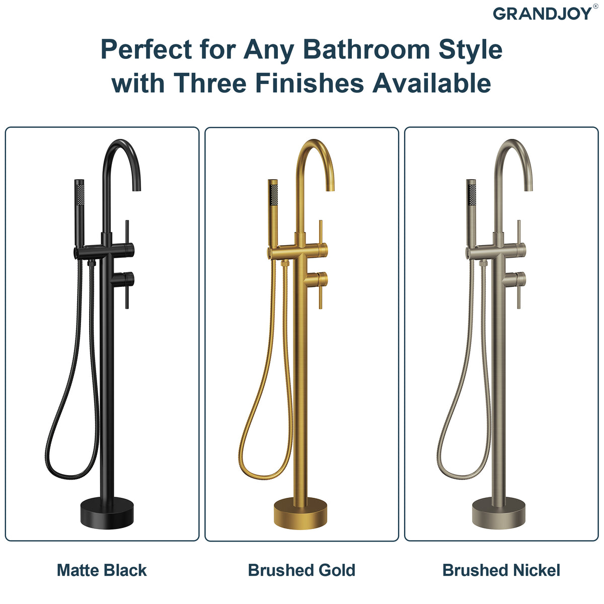 High-Arc Floor-Mounted Freestanding Bathtub Faucet with Hand Shower and Swivel Spout