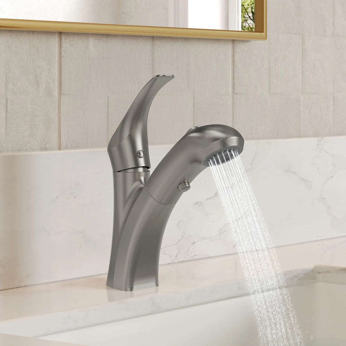 Single-Handle Pull-Out Bathroom Sink Faucet With Dual Spray Modes And Pop-Up Drain