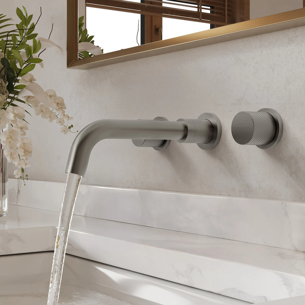 Two-Handle Wall-Mount Bathroom Sink Faucet With Pop-Up Drain