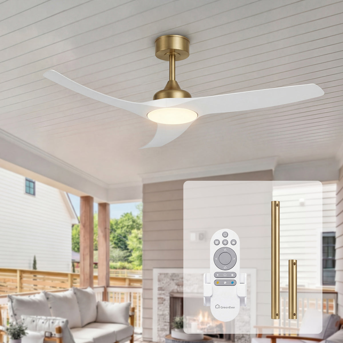 52-Inch Downrod Mount 3-Blade Indoor Outdoor Ceiling Fan with Light and Remote