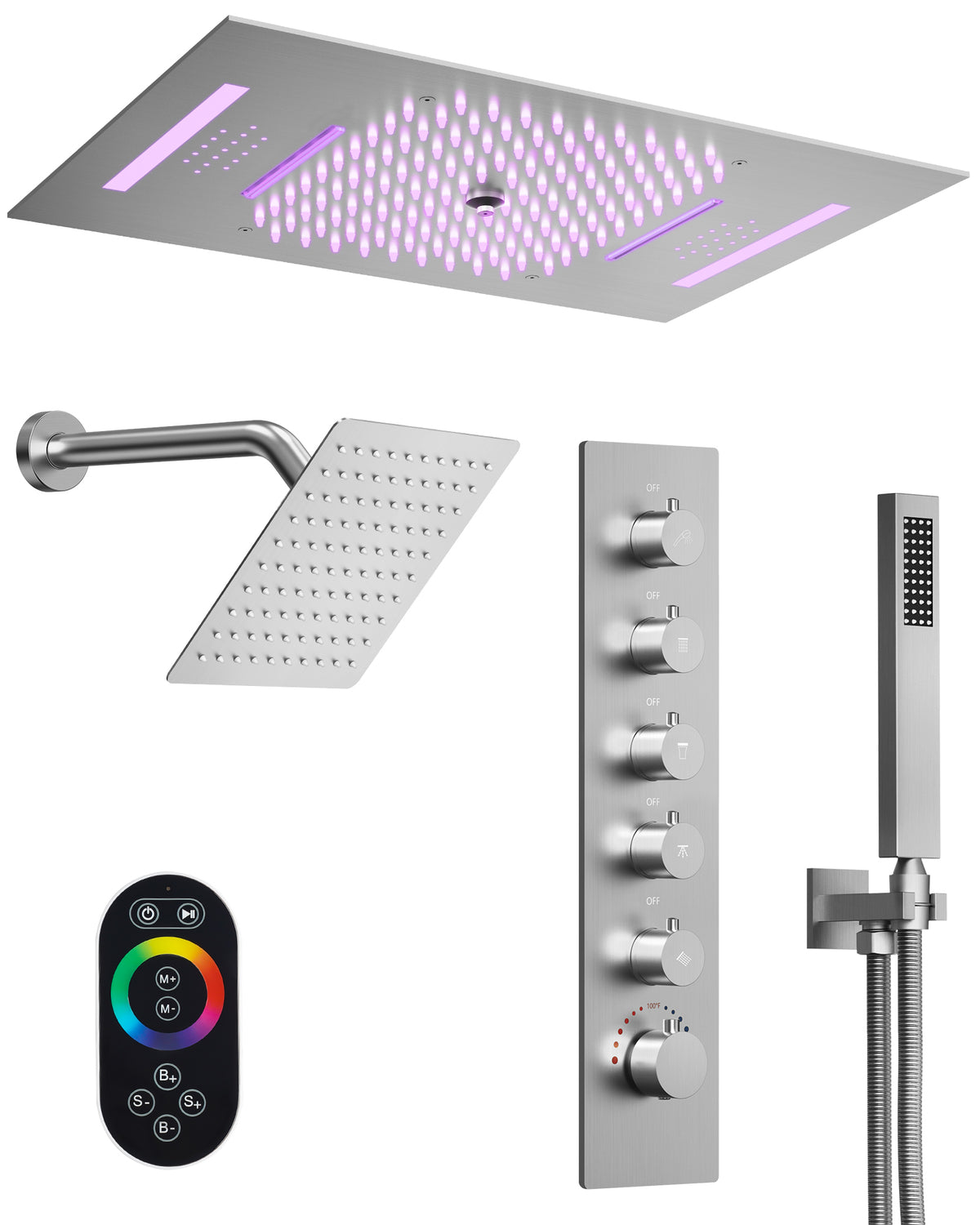 LED Bluetooth Ceiling-Mounted Thermostatic Shower System with Dual Heads