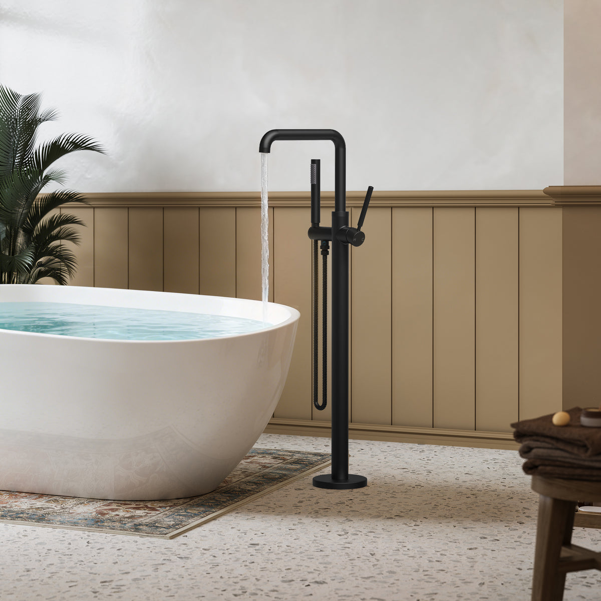 Floor-Mounted Bathtub Faucet with Swivel Spout and Hand Shower