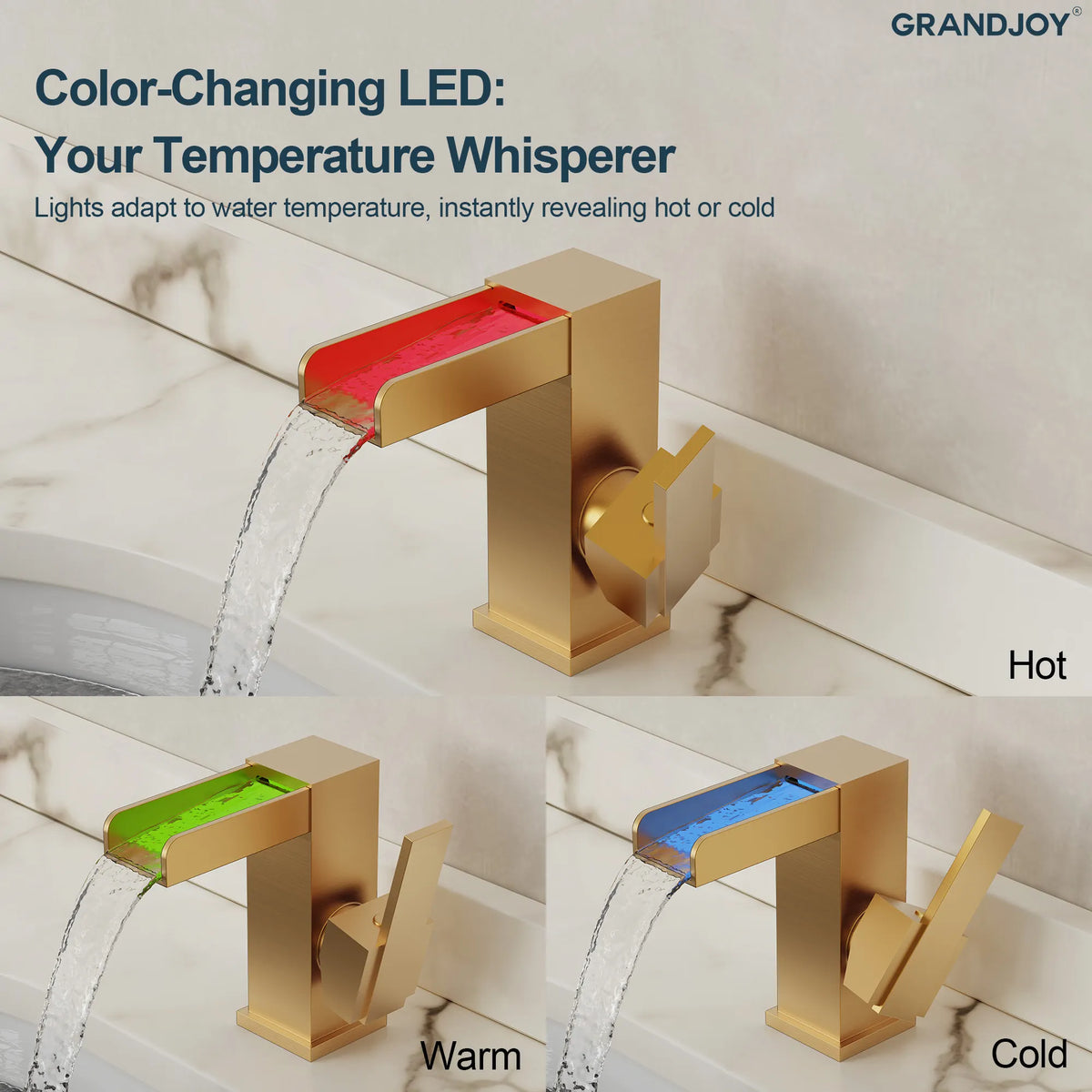 Single-Handle LED Waterfall Bathroom Sink Faucet With Pop-Up Drain