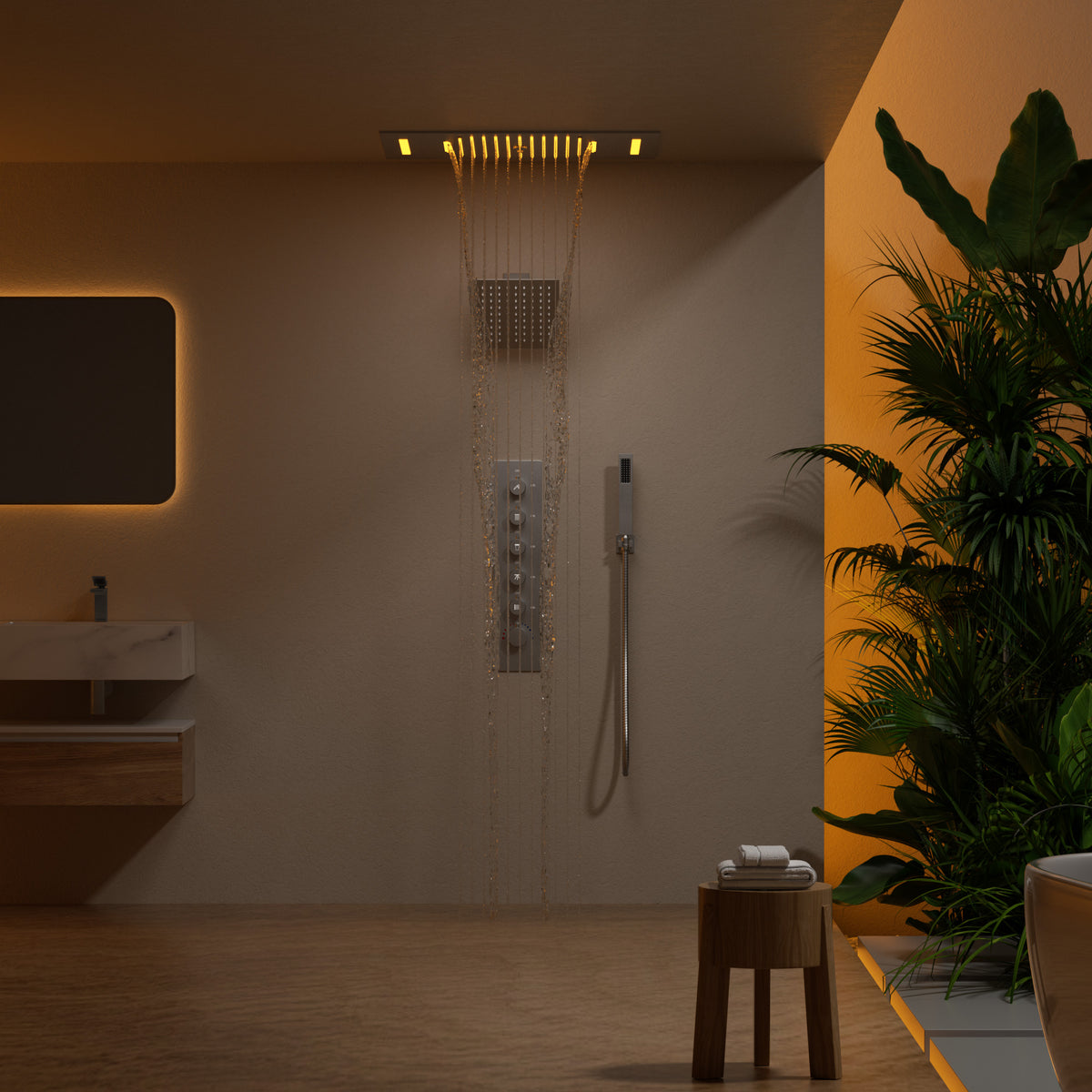 LED Bluetooth Ceiling-Mounted Thermostatic Shower System with Dual Heads