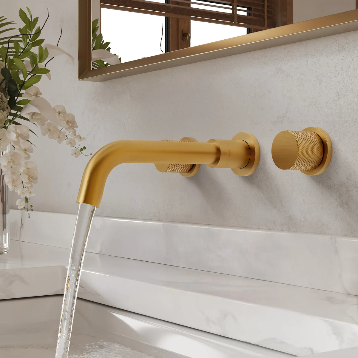 Two-Handle Wall-Mount Bathroom Sink Faucet With Pop-Up Drain