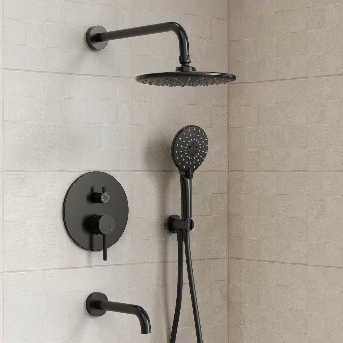 Round Wall-Mounted Shower System with Handheld and Tub Spout