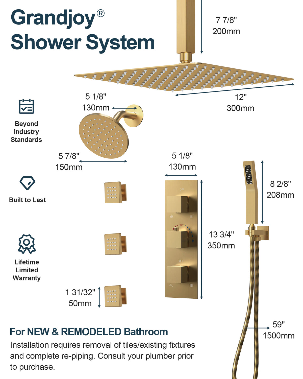 Ceiling-Mounted Multi-Spray Shower System with Adjustable Secondary Head