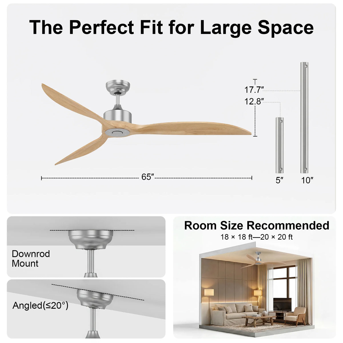 65-Inch Downrod Mount 3-Blade Ceiling Fan without Light
