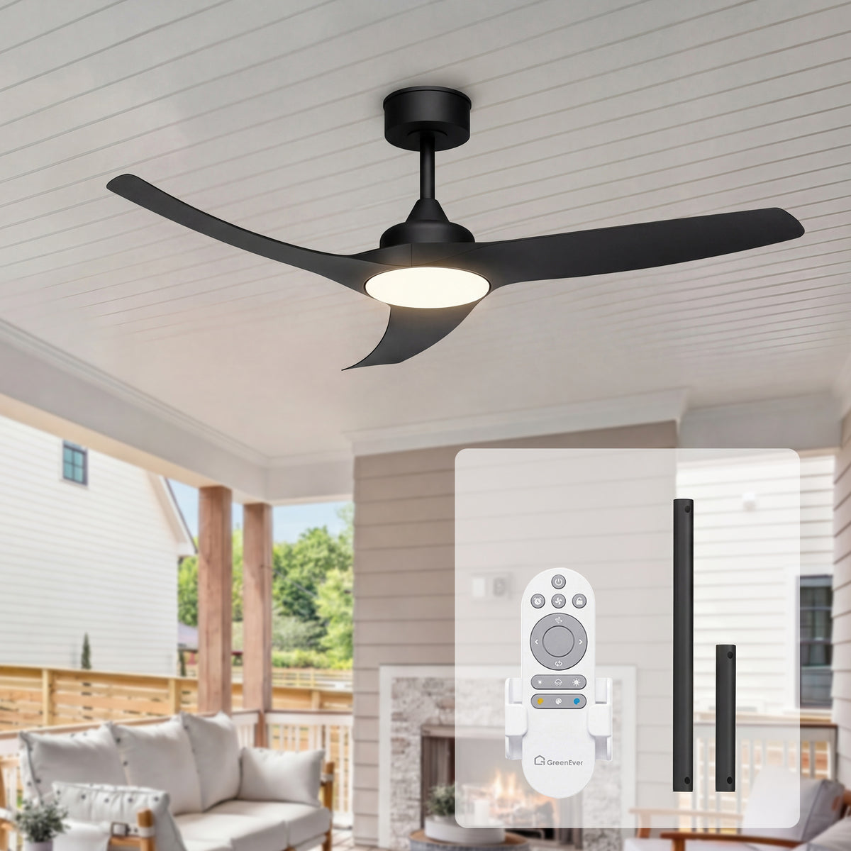 52-Inch Downrod Mount 3-Blade Indoor Outdoor Ceiling Fan with Light and Remote