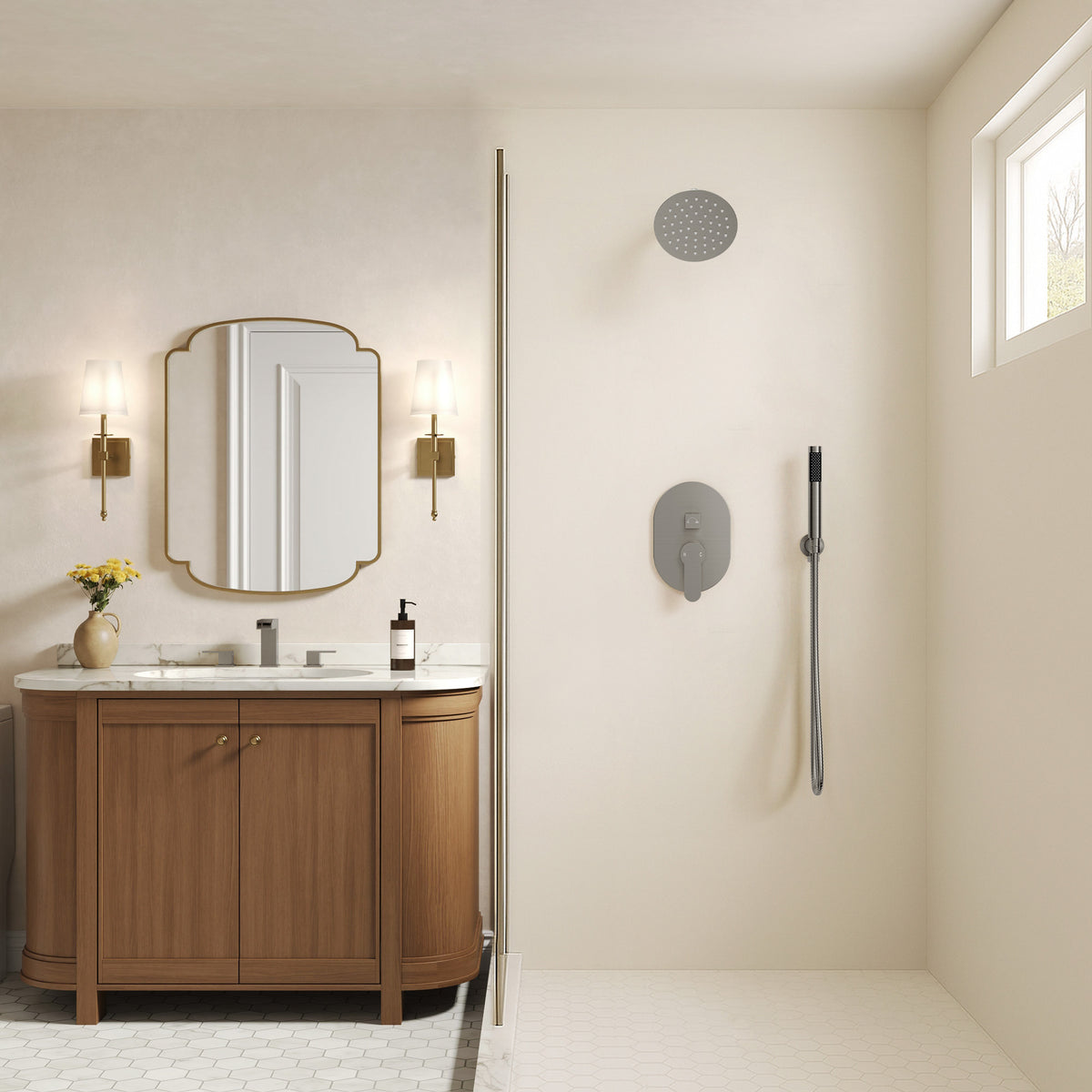 Round Wall-Mounted Rain Shower System with Handheld Spray