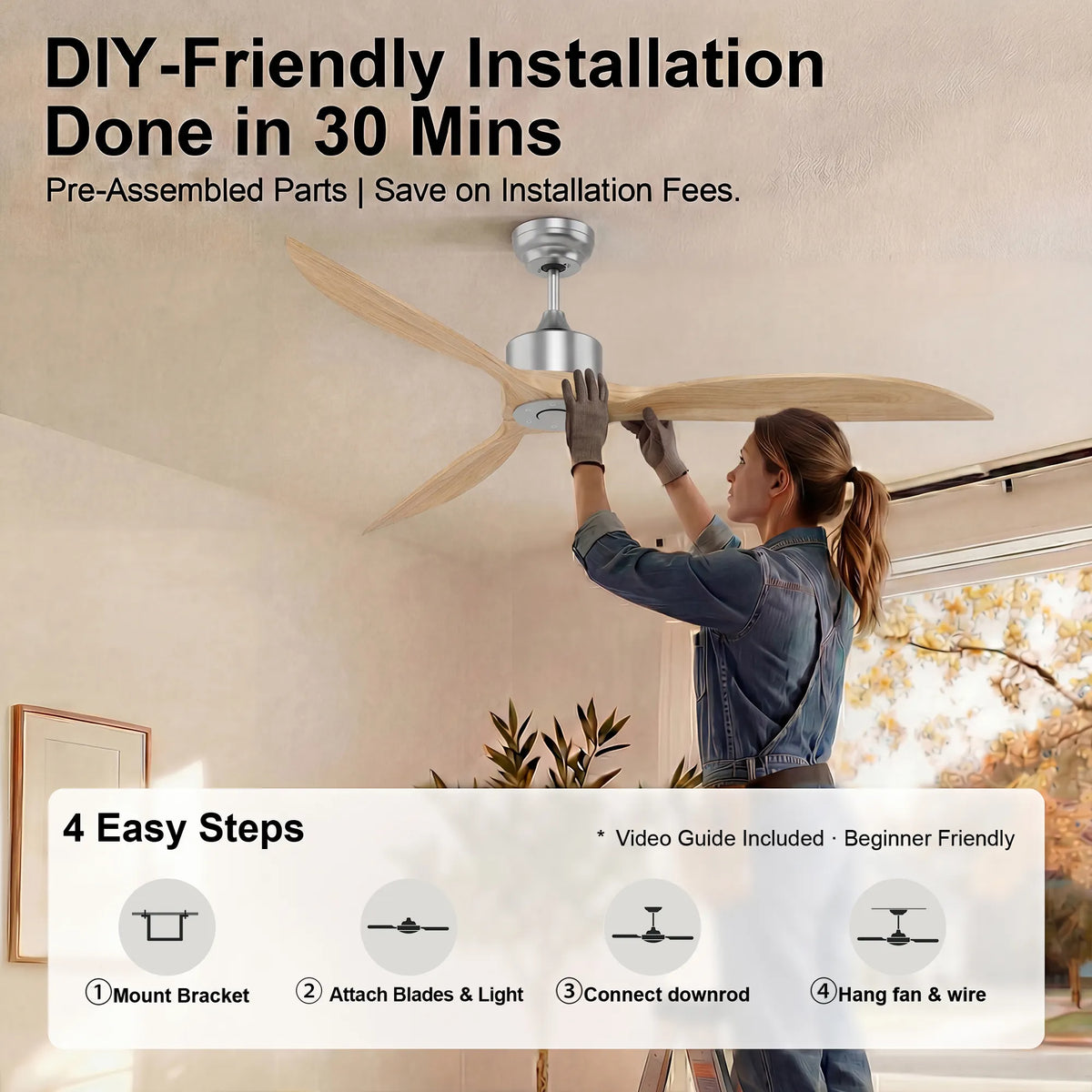 65-Inch Downrod Mount 3-Blade Ceiling Fan without Light