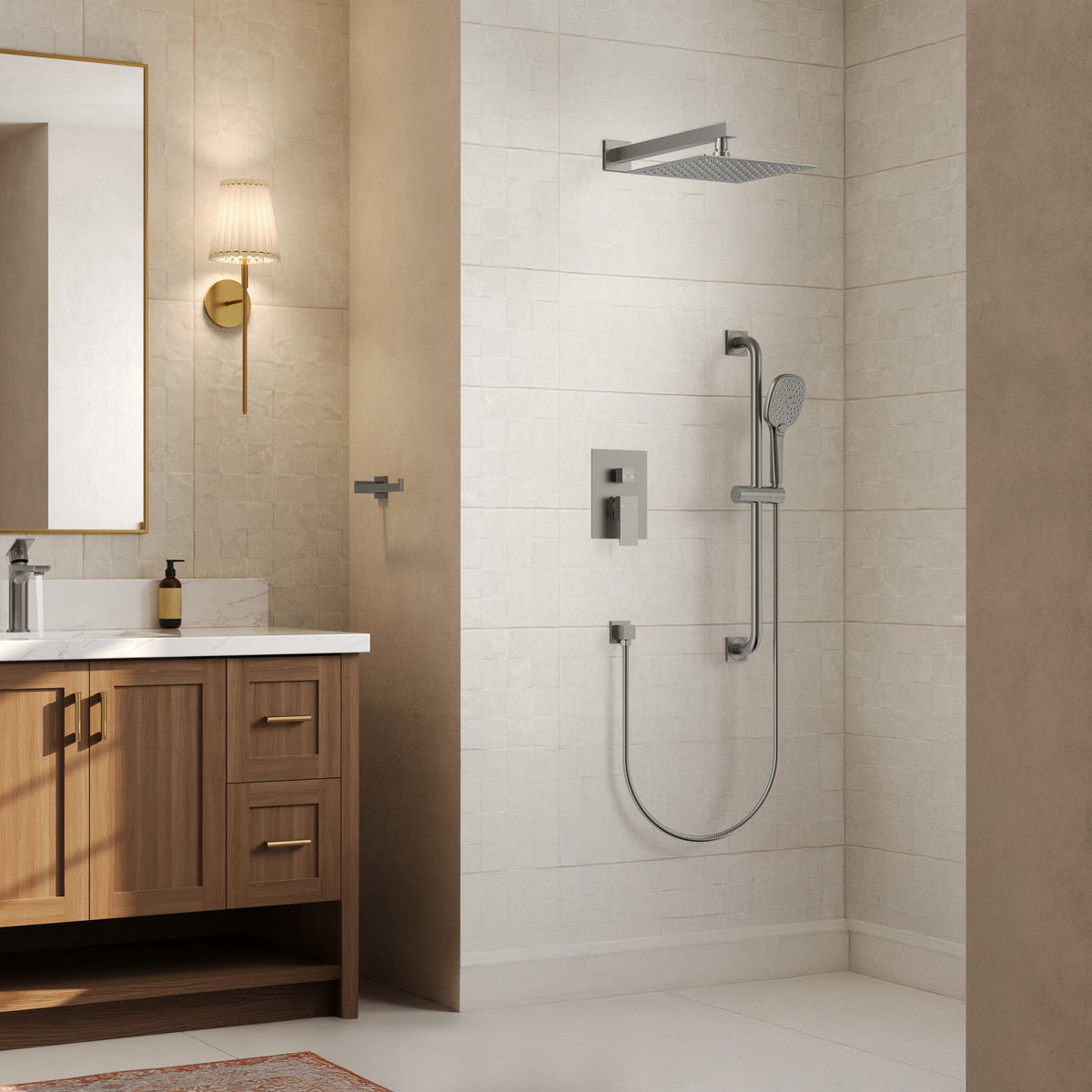 Square Wall-Mounted Shower System with Adjustable Slide Bar