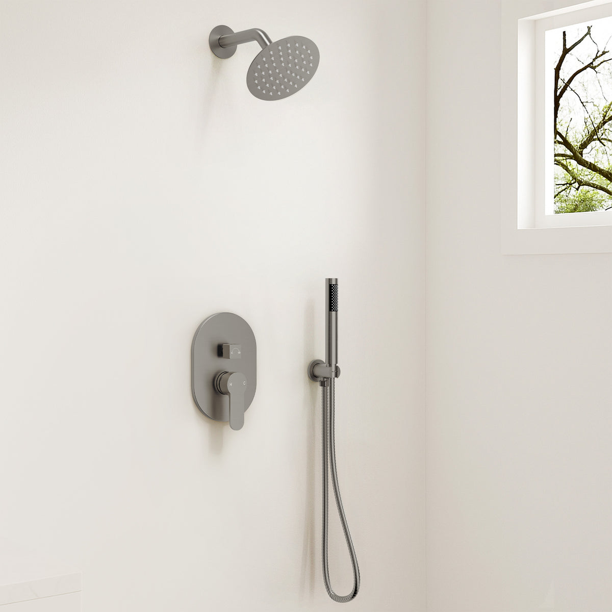 Round Wall-Mounted Rain Shower System with Handheld Spray