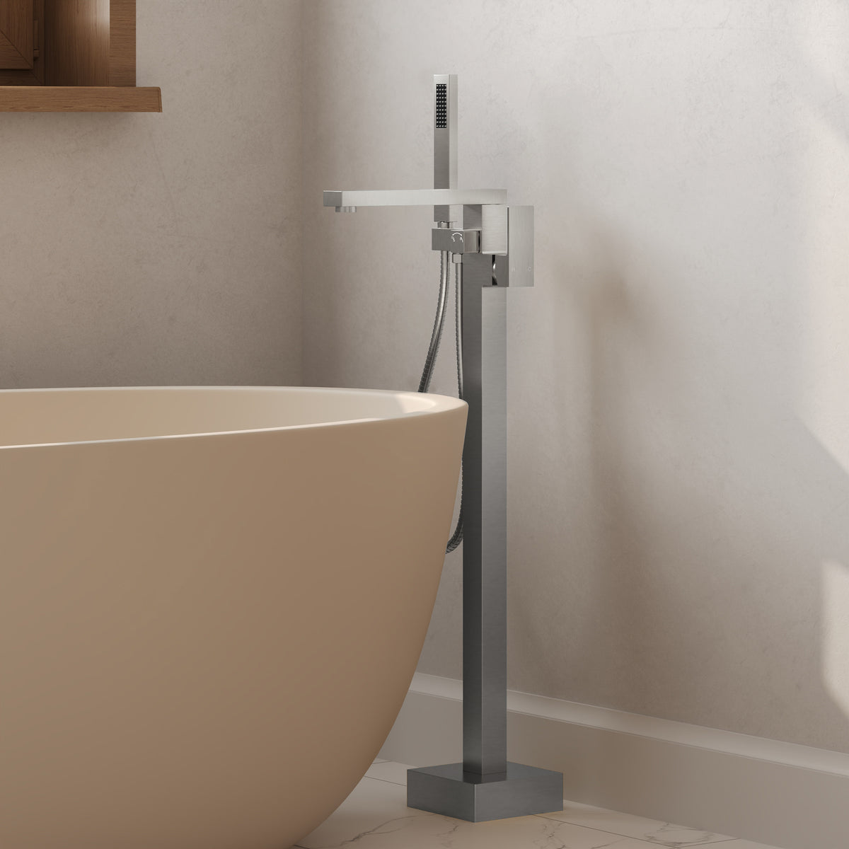 Freestanding Floor-Mounted Bathtub Faucet with Hand Shower and Swivel Spout