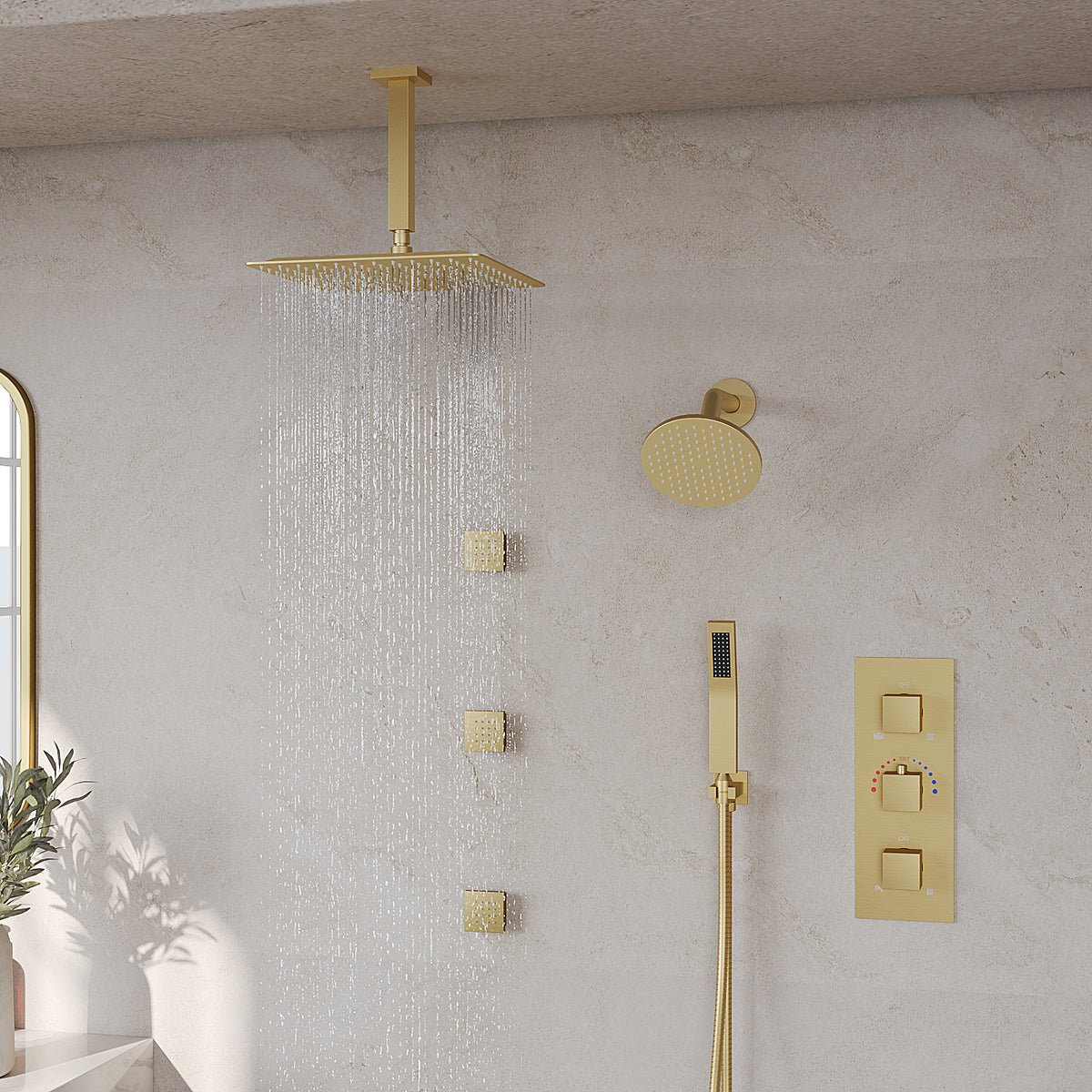 Ceiling-Mounted Multi-Spray Shower System with Adjustable Secondary Head