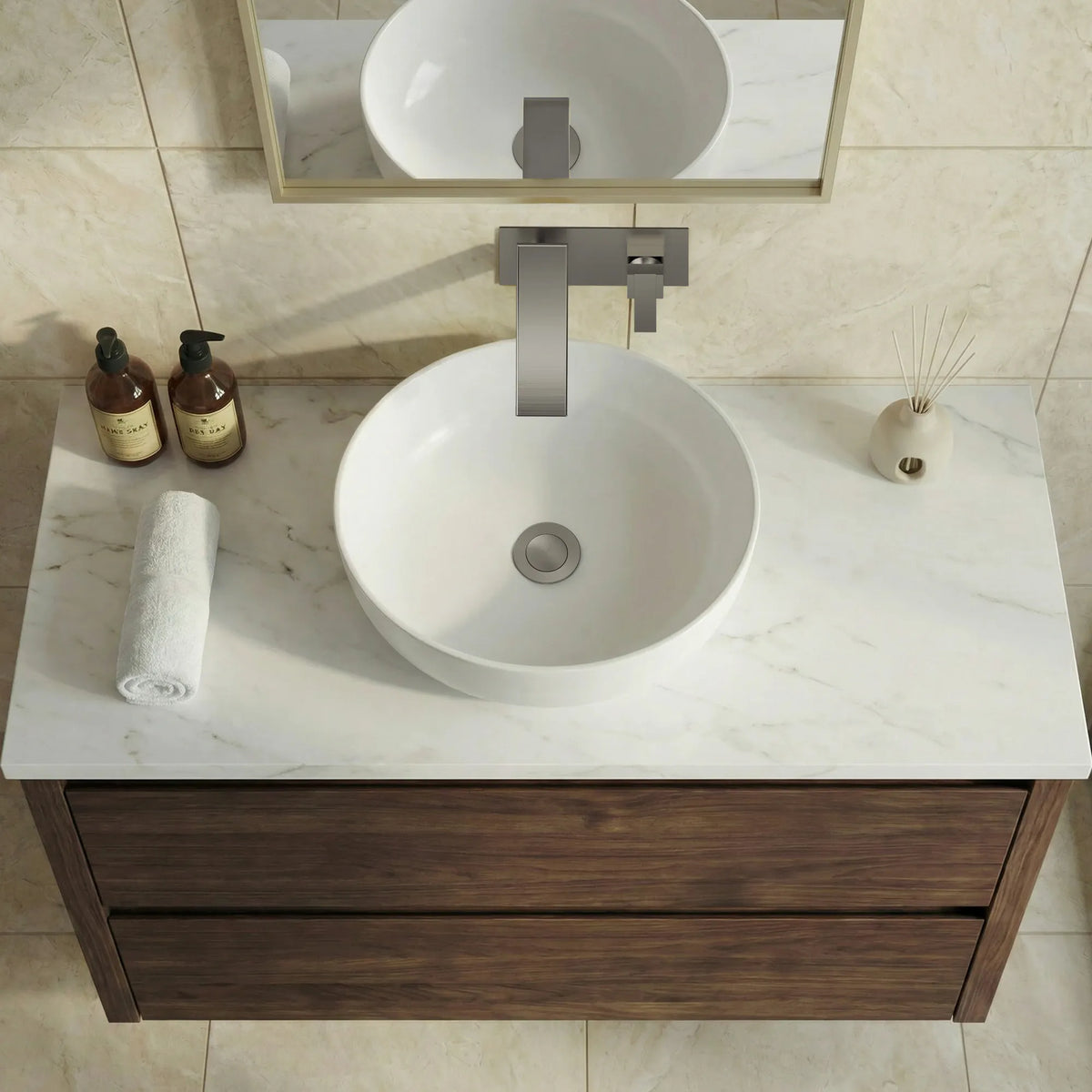 Single-Handle Wall-Mount Bathroom Sink Faucet With Waterfall Spout And Pop-Up Drain
