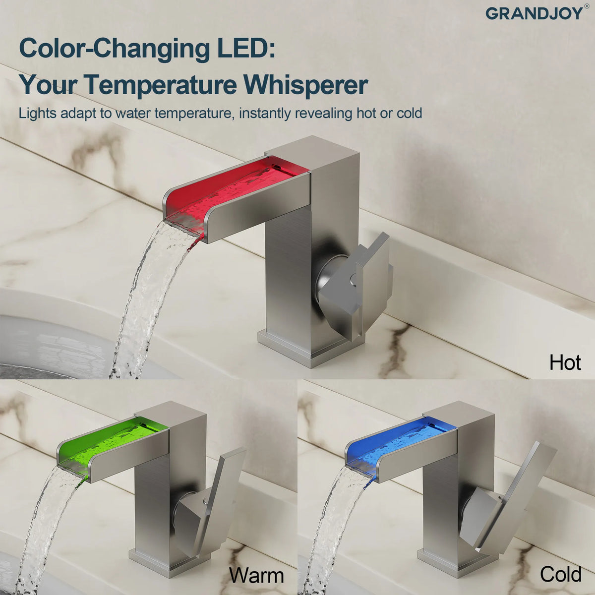 Single-Handle LED Waterfall Bathroom Sink Faucet With Pop-Up Drain