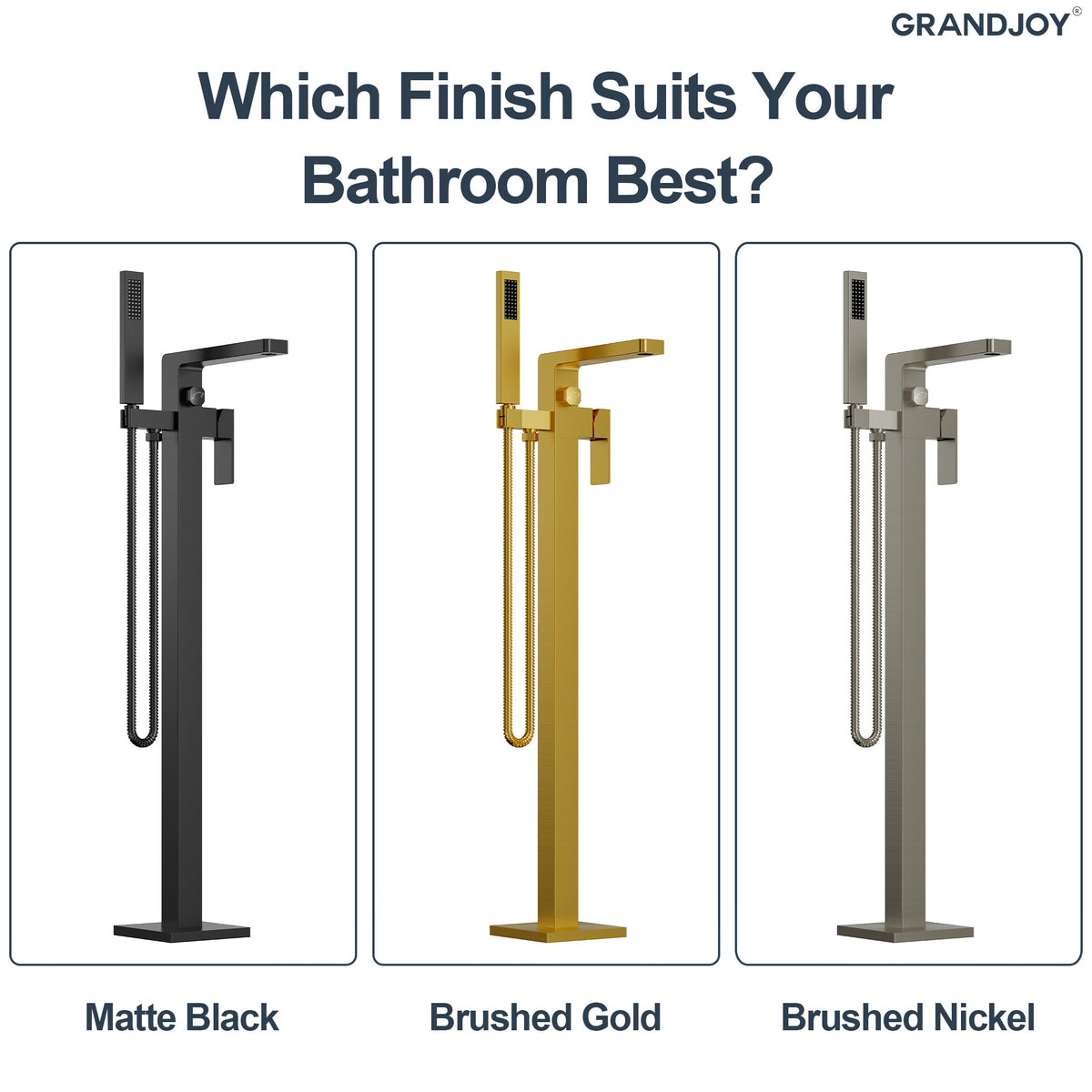 Square Floor-Mounted Bathtub Faucet with Hand Shower and Swivel Spout