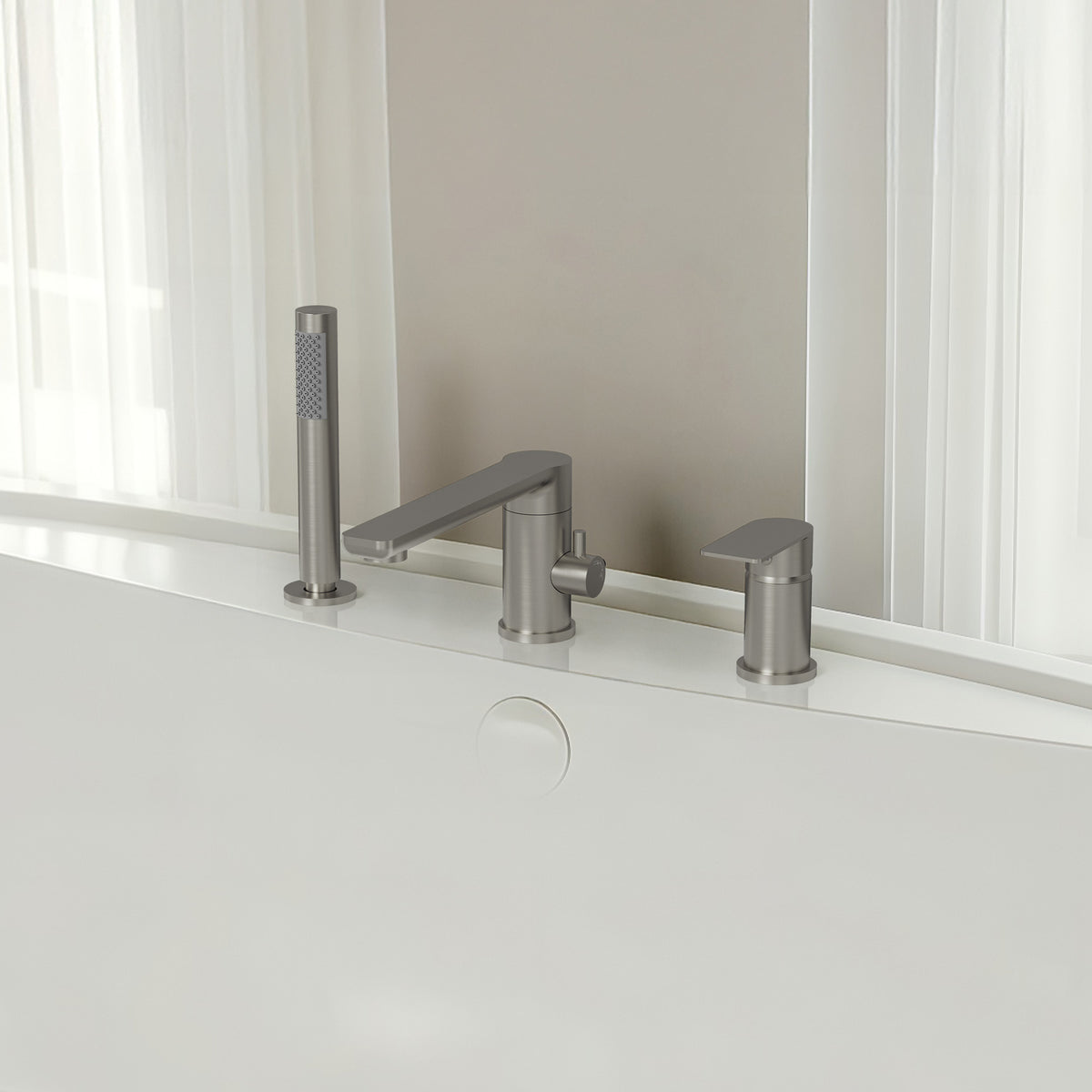 Low-Arc Deck-Mounted Bathtub Faucet with Hand Shower and Swivel Spout