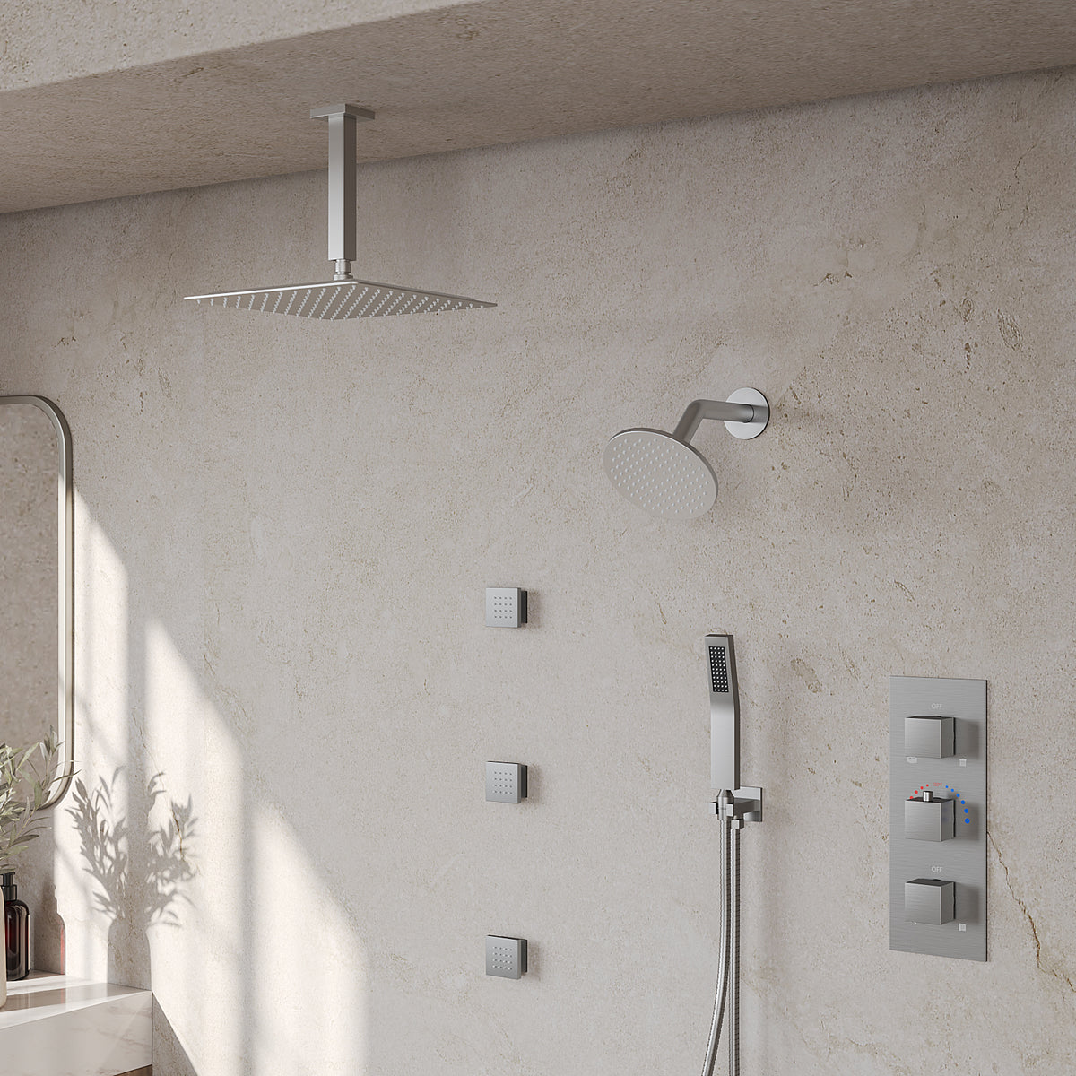 Ceiling-Mounted Multi-Spray Shower System with Adjustable Secondary Head